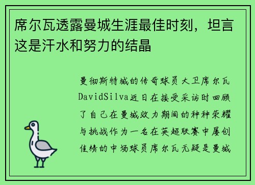 席尔瓦透露曼城生涯最佳时刻，坦言这是汗水和努力的结晶
